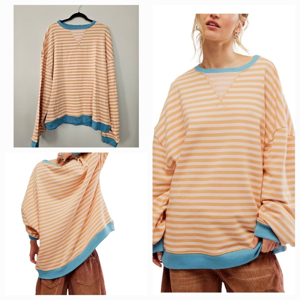 Free People Classic Striped Oversized Crewneck Latte Combo